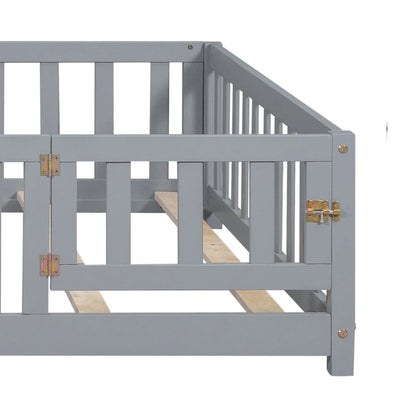 Full Size Wooden Floor Platform Bed with Fence and Door for Kids
