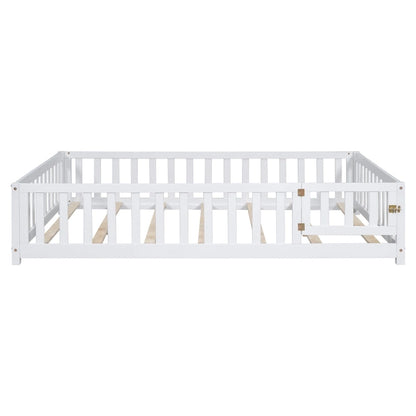 Full Size Wooden Floor Platform Bed with Fence and Door for Kids