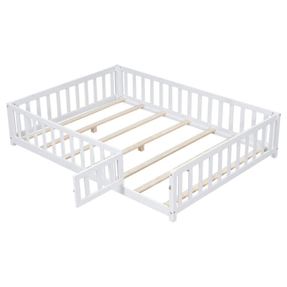 Full Size Wooden Floor Platform Bed with Fence and Door for Kids