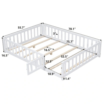 Full Size Wooden Floor Platform Bed with Fence and Door for Kids