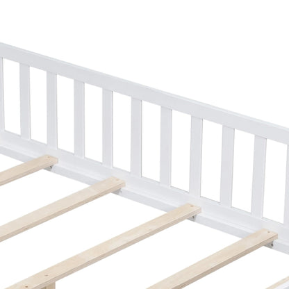 Full Size Wooden Floor Platform Bed with Fence and Door for Kids