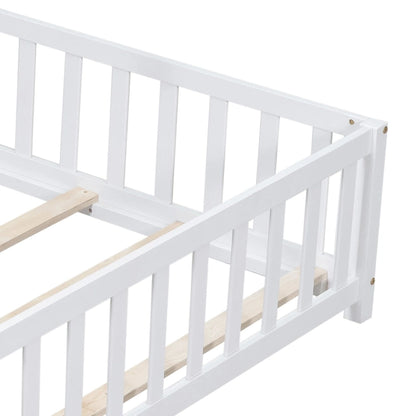 Full Size Wooden Floor Platform Bed with Fence and Door for Kids