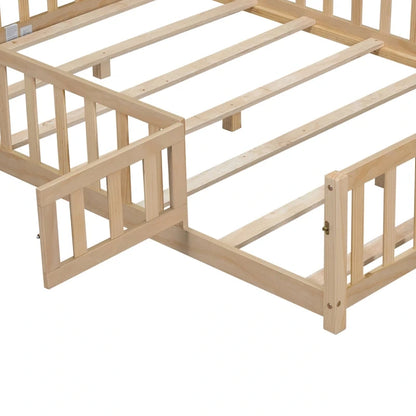 Full Size Wooden Floor Platform Bed with Fence and Door for Kids
