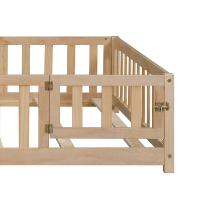 Full Size Wooden Floor Platform Bed with Fence and Door for Kids