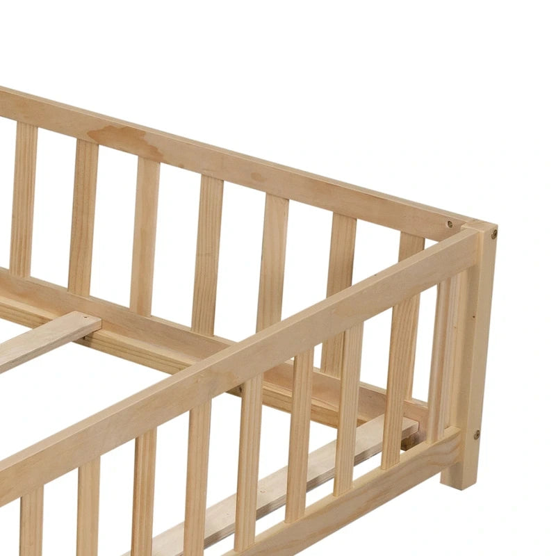 Full Size Wooden Floor Platform Bed with Fence and Door for Kids
