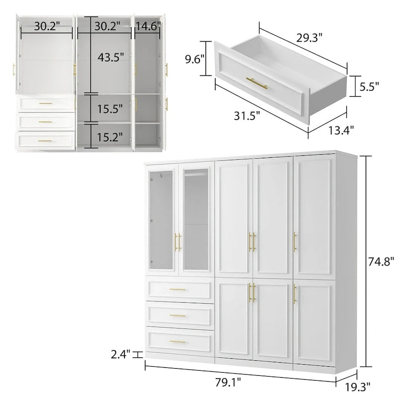 74.8H Large Modular Wardrobe Cloest Armoire Cabinet Glass Door