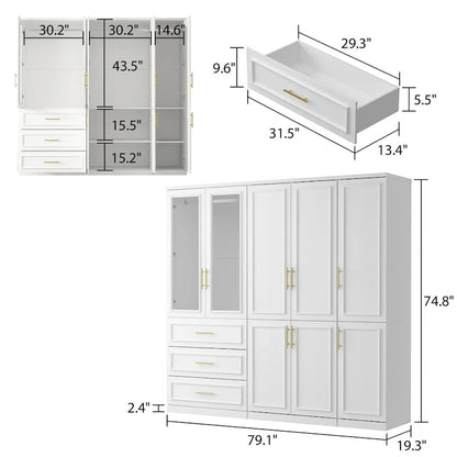 74.8H Large Modular Wardrobe Cloest Armoire Cabinet Glass Door