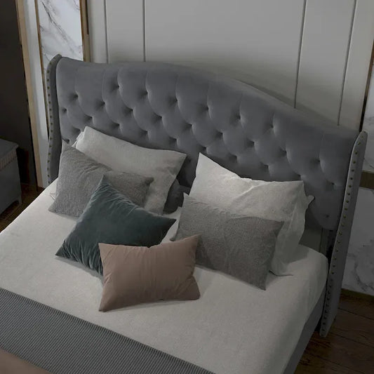 Velvet Upholstered Bed Frame with Wingback Headboard and Footboard