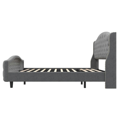 Velvet Upholstered Bed Frame with Wingback Headboard and Footboard