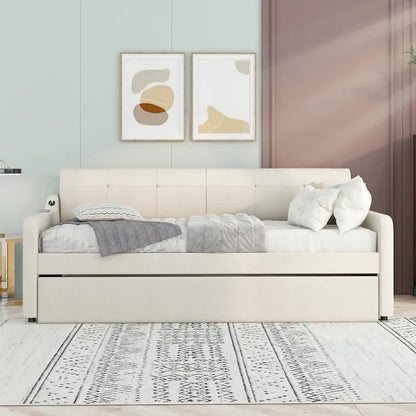 Twin Size Upholstery Daybed with Trundle and USB Charging Design,Trundle can be flat or erected,Beige