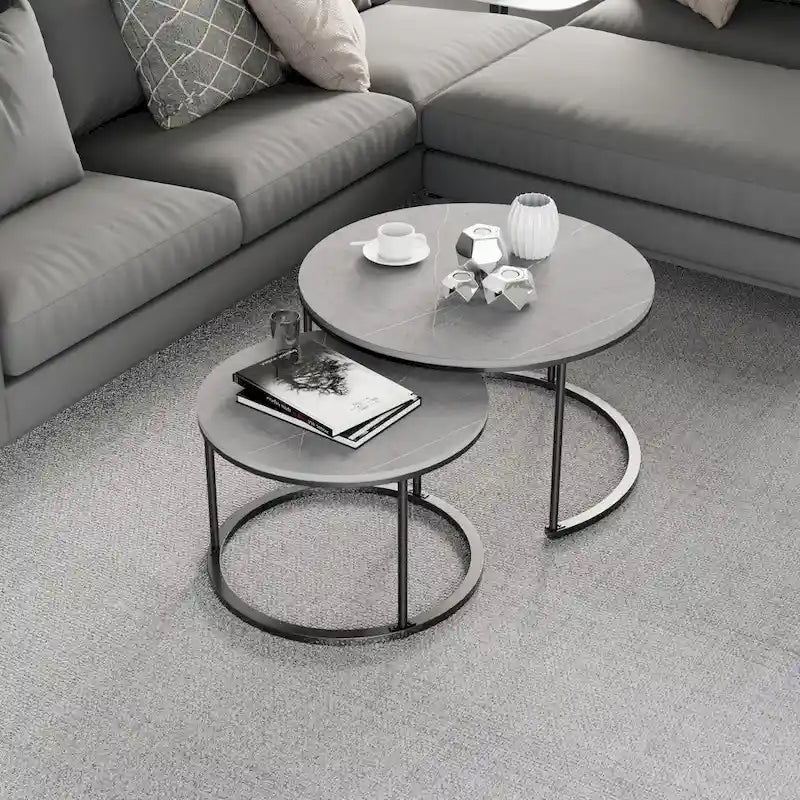 Nesting Coffee Table Black Metal Frame with Round Sintered Stone Top - 31.5x17.7 inch
