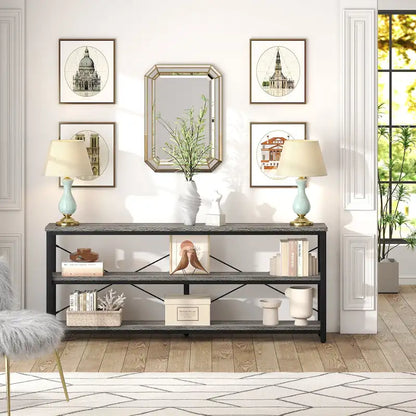 Extra Long Console Sofa Table with Metal Frame for Entrance, 3 Tiers TV Stand