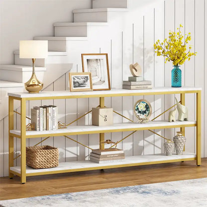 Extra Long Console Sofa Table with Metal Frame for Entrance, 3 Tiers TV Stand