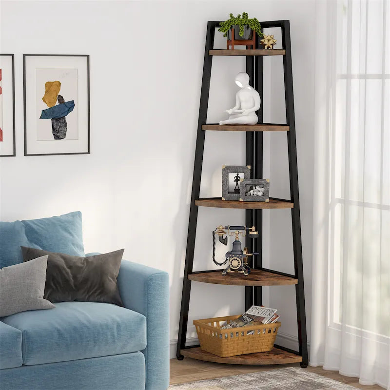 5 tier Bathroom Corner Shelf Storage Tower Cabinet Rustic Brown