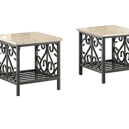 3 Piece Faux Marble Top Table Set With Decorative Metal Frame, Cream & Gray