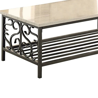 3 Piece Faux Marble Top Table Set With Decorative Metal Frame, Cream & Gray