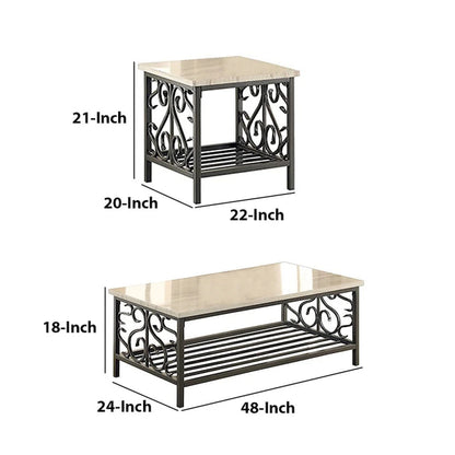 3 Piece Faux Marble Top Table Set With Decorative Metal Frame, Cream & Gray