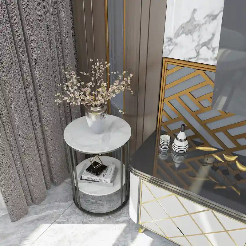 Tall Frame End Table Sintered Stone Tabletop Nightstand Storage Shelf - 15.7x15.7x21.3 inch
