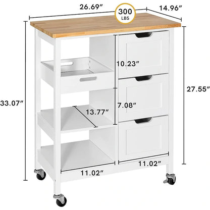Kleio Solid Wood Top Kitchen Island Storage Cart with 3 Drawers Rolling Serving Trolley Cart