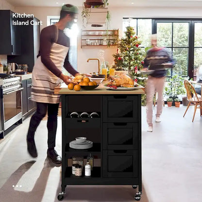 Kleio Solid Wood Top Kitchen Island Storage Cart with 3 Drawers Rolling Serving Trolley Cart