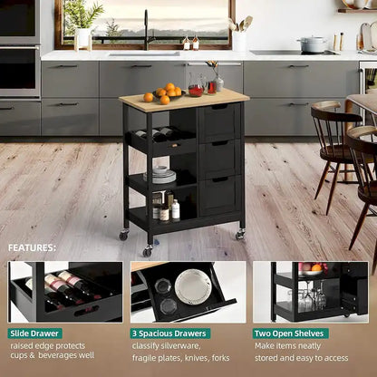 Kleio Solid Wood Top Kitchen Island Storage Cart with 3 Drawers Rolling Serving Trolley Cart