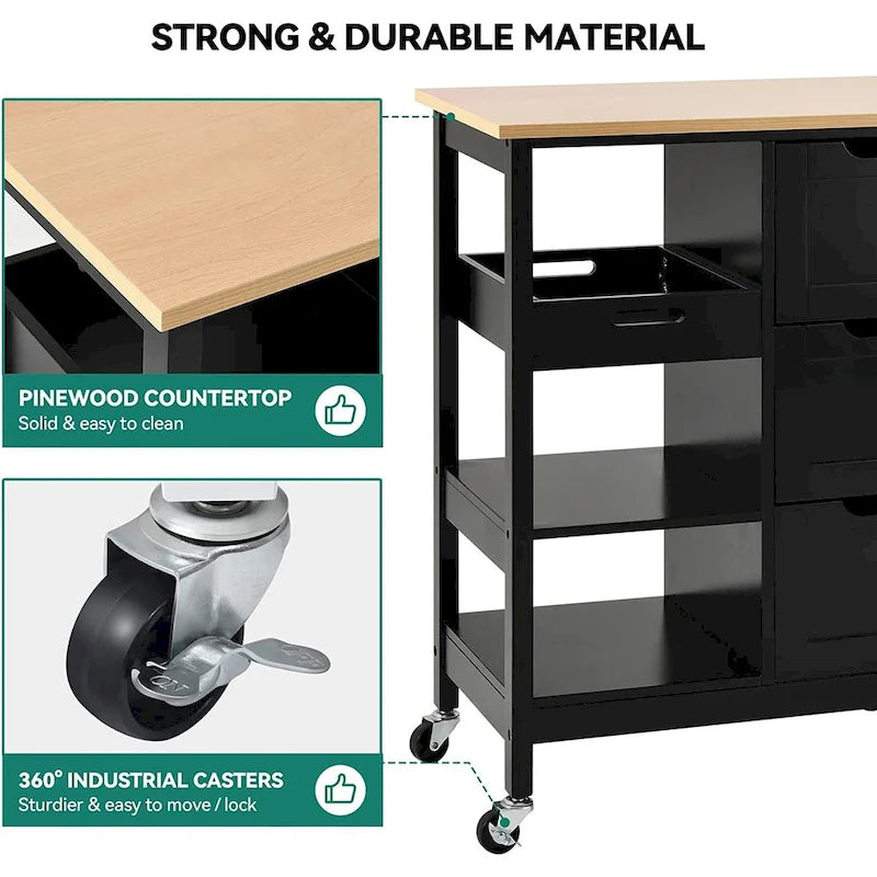 Kleio Solid Wood Top Kitchen Island Storage Cart with 3 Drawers Rolling Serving Trolley Cart