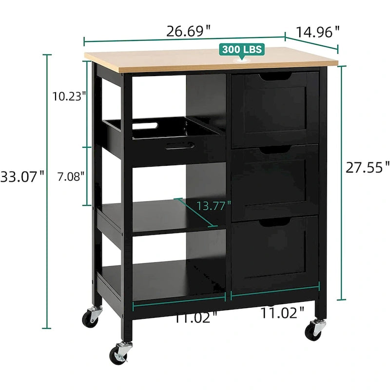 Kleio Solid Wood Top Kitchen Island Storage Cart with 3 Drawers Rolling Serving Trolley Cart
