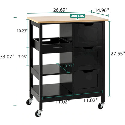 Kleio Solid Wood Top Kitchen Island Storage Cart with 3 Drawers Rolling Serving Trolley Cart