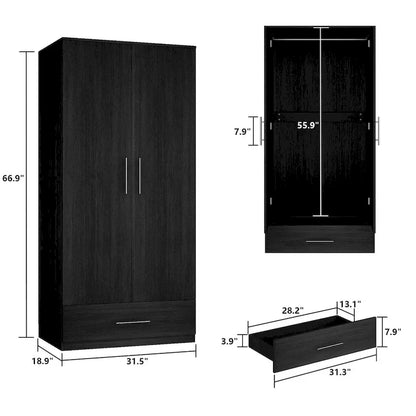 31.5W x 66.9H Wardrobe Armoire Cloest with Drawer In Black,White