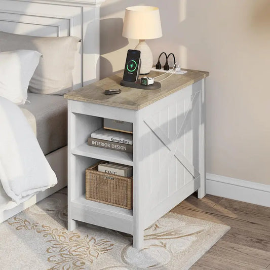 Moasis End Table with Charging Station, Side Table with Storage, 2 Power outlets & 2 USB Ports for Living Room