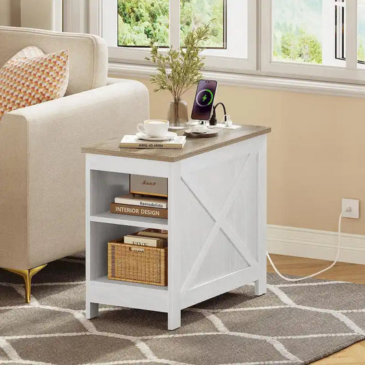 Moasis End Table with Charging Station, Side Table with Storage, 2 Power outlets & 2 USB Ports for Living Room