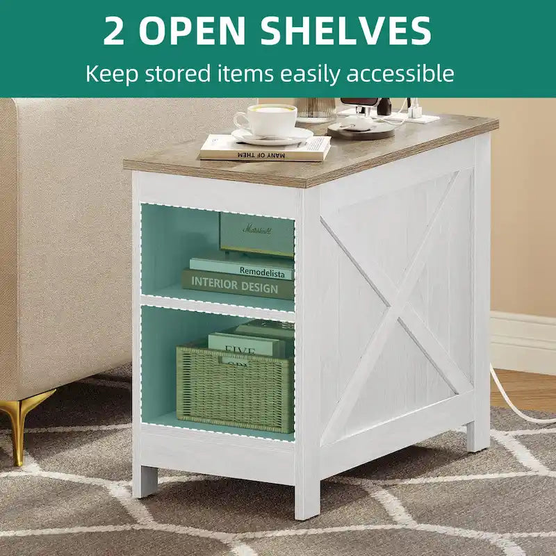 Moasis End Table with Charging Station, Side Table with Storage, 2 Power outlets & 2 USB Ports for Living Room