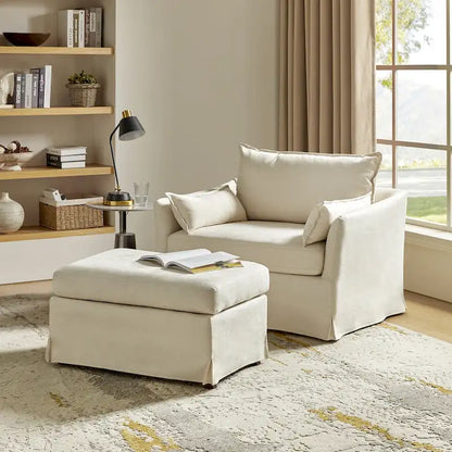Sophie Modern Oversized Slipcovered Armchair and Ottoman with Lockable Rear Wheels by HULALA HOME