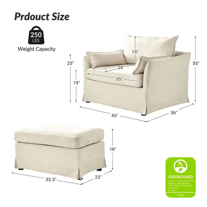 Sophie Modern Oversized Slipcovered Armchair and Ottoman with Lockable Rear Wheels by HULALA HOME