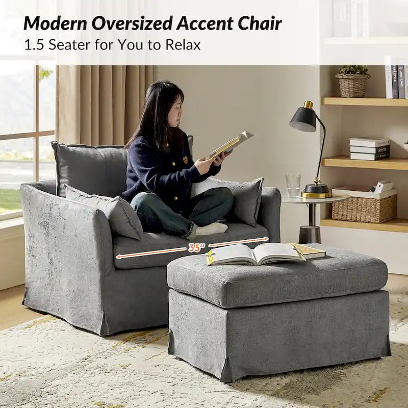 Sophie Modern Oversized Slipcovered Armchair and Ottoman with Lockable Rear Wheels by HULALA HOME