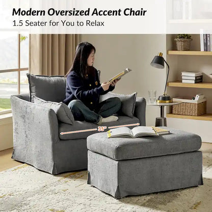 Sophie Modern Oversized Slipcovered Armchair and Ottoman with Lockable Rear Wheels by HULALA HOME
