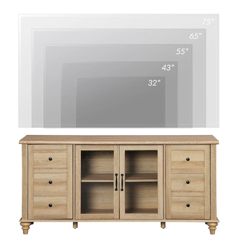 WAMPAT Glass Door Farmhouse TV Stand for TVs Up to 75 inch, Wood Universal TV Console Table