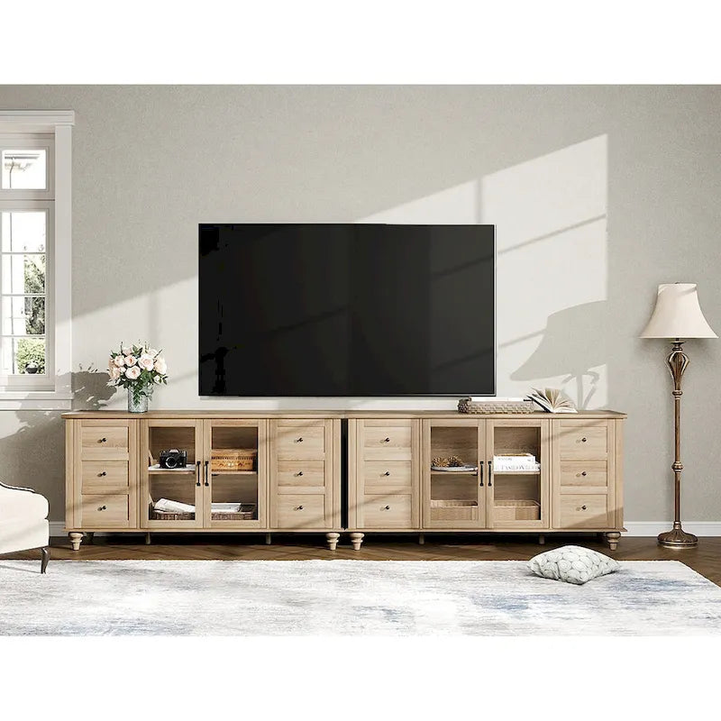 WAMPAT Glass Door Farmhouse TV Stand for TVs Up to 75 inch, Wood Universal TV Console Table