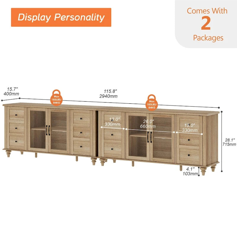 WAMPAT Glass Door Farmhouse TV Stand for TVs Up to 75 inch, Wood Universal TV Console Table