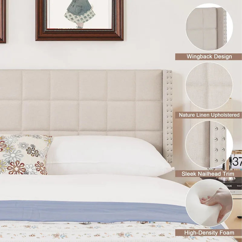 Javlergo Queen/King Size Adjustable Upholstered Headboard, Modern Wingback Headboard with Double Nailhead Trimming