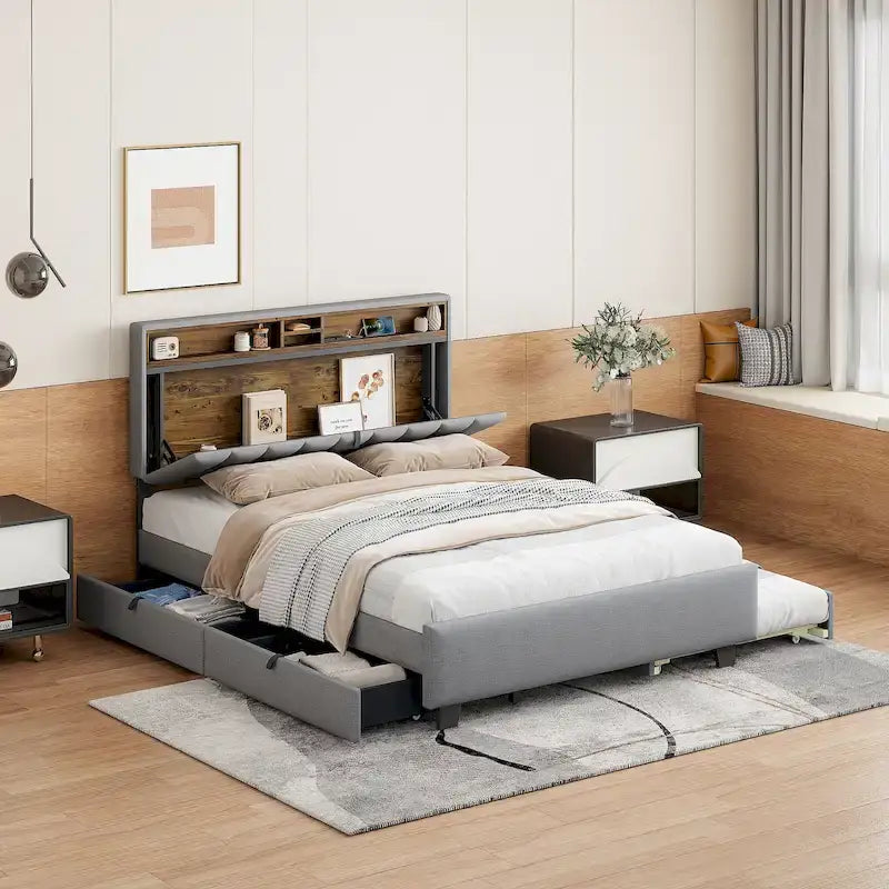 Upholstered Platform Bed with Storage Headboard