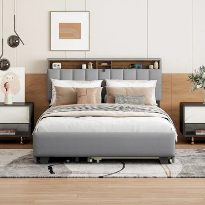 Upholstered Platform Bed with Storage Headboard