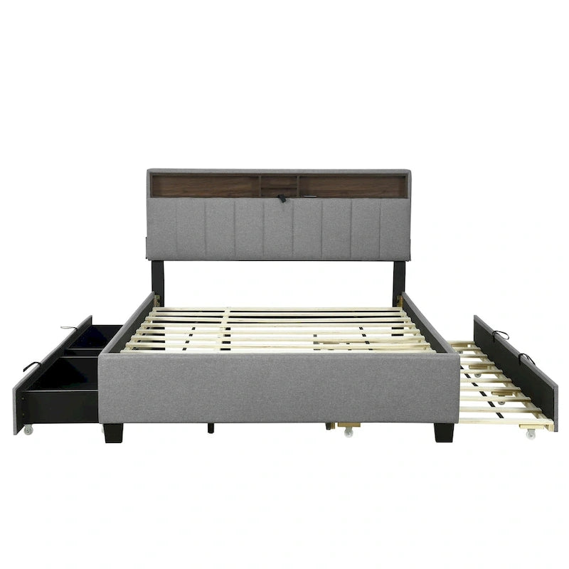 Upholstered Platform Bed with Storage Headboard