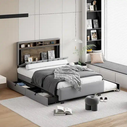 Upholstered Platform Bed with Storage Headboard