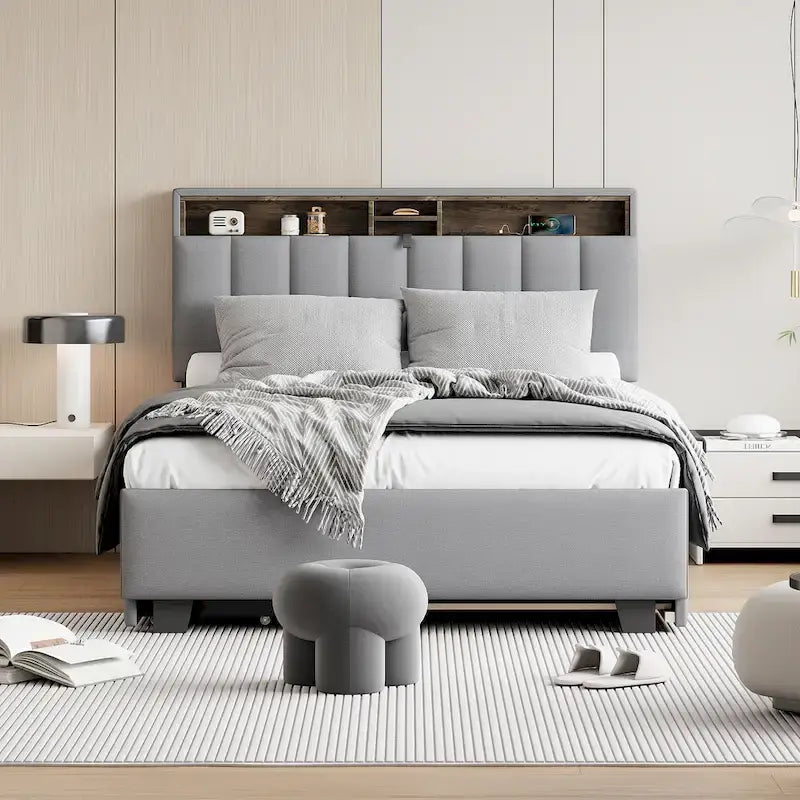 Upholstered Platform Bed with Storage Headboard
