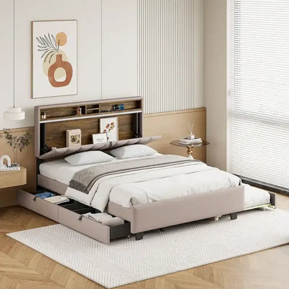 Upholstered Platform Bed with Storage Headboard