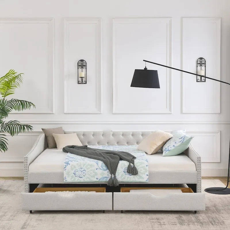 Queen Size Daybed With Drawers Upholstered Tufted Sofa Bed