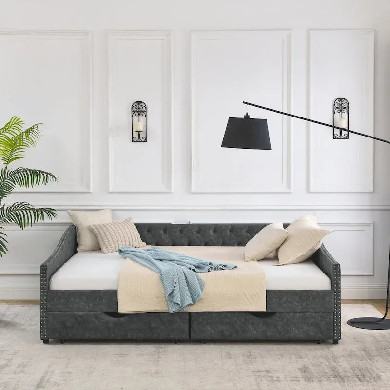 Queen Size Daybed With Drawers Upholstered Tufted Sofa Bed