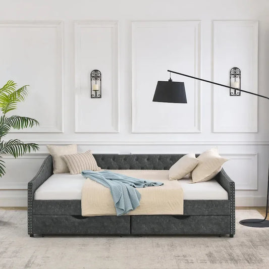Queen Size Daybed With Drawers Upholstered Tufted Sofa Bed