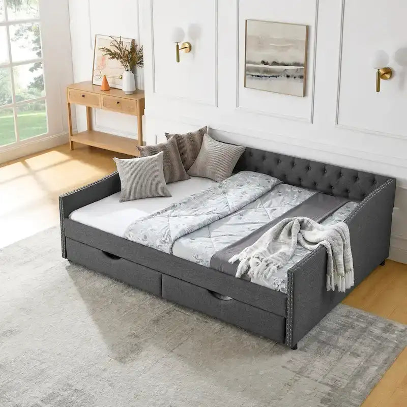 Queen Size Daybed With Drawers Upholstered Tufted Sofa Bed